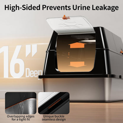 Eosarcu Stainless Steel Cat Litter Box with Lid, 180° Flip-Top XL Extra Large Enclosed Litter Box, Covered Metal High Sided Litter Pan with Steps & Scoop, Easy Cleaning, Odor Control,Non-Sticky-Black