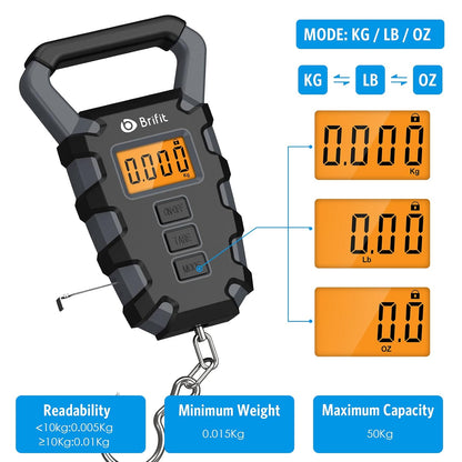 Upgraded Digital Fishing Scale with Ruler, 15g/50kg Electronic Digital Luggage Scale, 110lb Max Fishing Postal Hanging Hook Scale with Measuring Tape, Backlit LCD Display (Batteries Included)