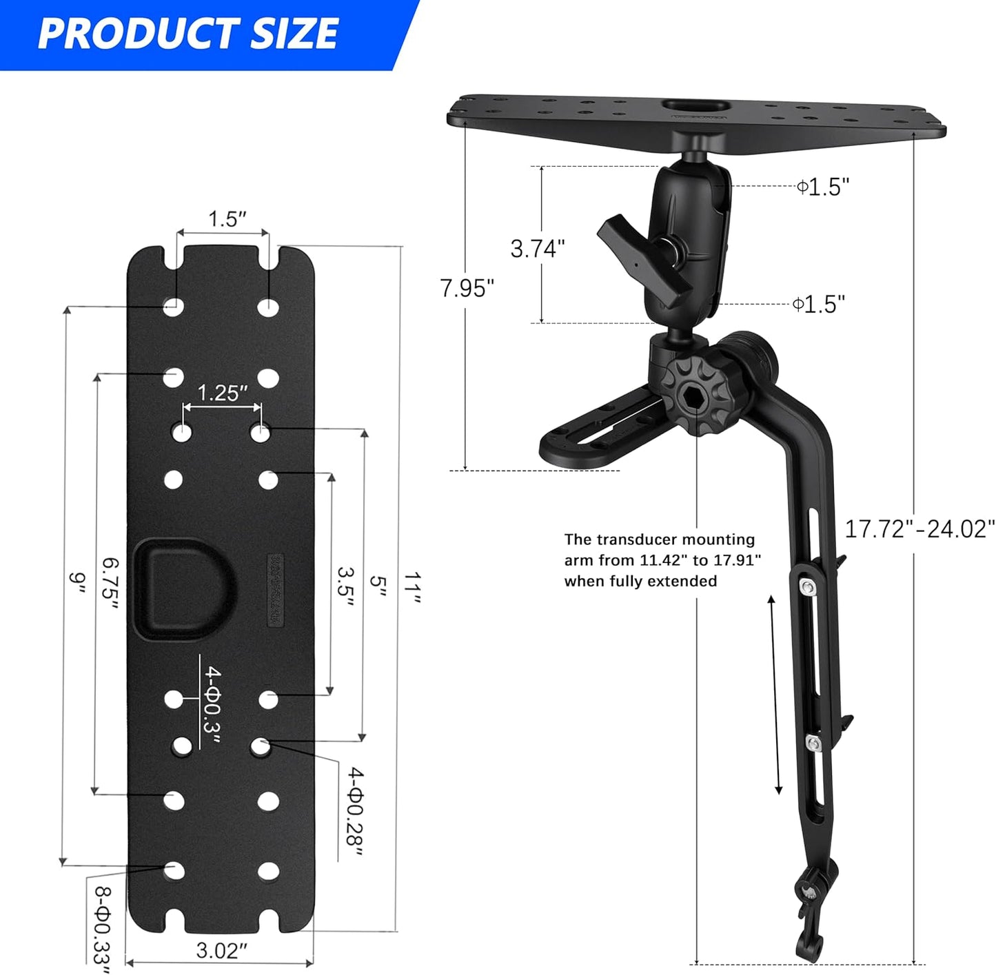 Velpaw 1.5" Ball Kayak Fish Finder Mount with Transducer Mounting Arm, Marine Electronic Mount Plate with Low Profile Track, Compatible with RAM Mounts, Scotty, Lowrance, Garmin