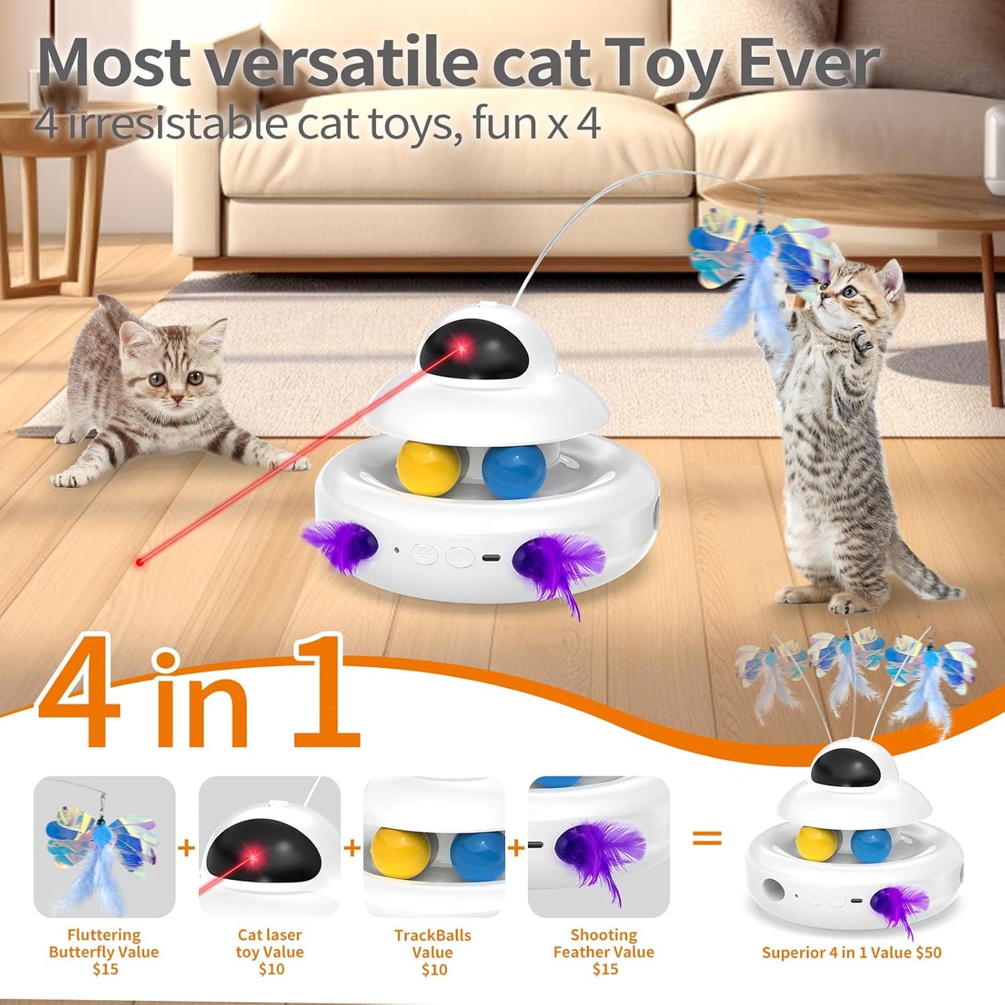 MOHAYA Interactive Cat Toys for Indoor Cats,4-in-1 Automatic Kitten Toy,Motion Activated Electronic Fluttering Butterfly,Track Balls, Moving Feather Toys for All Breeds,USB Rechargeable