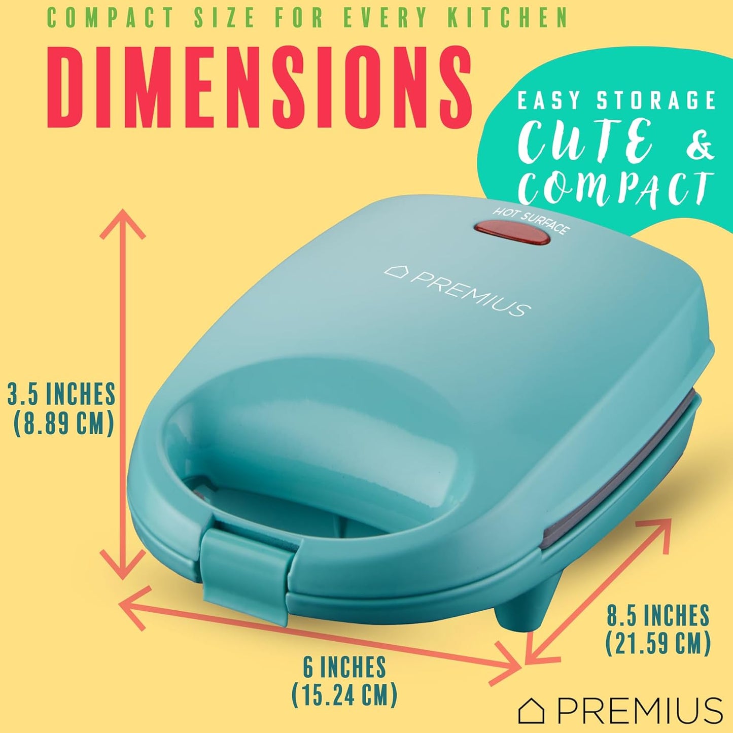 PREMIUS Ceramic NonStick Mini Snack Sandwich Maker, Indicator Light, 5x4.4 Inch Mold, Great for French Toast, Tuna Melt, Egg & Grilled Cheese, Pancake Sandwich, Desserts, Toasties, 520 W (Red)