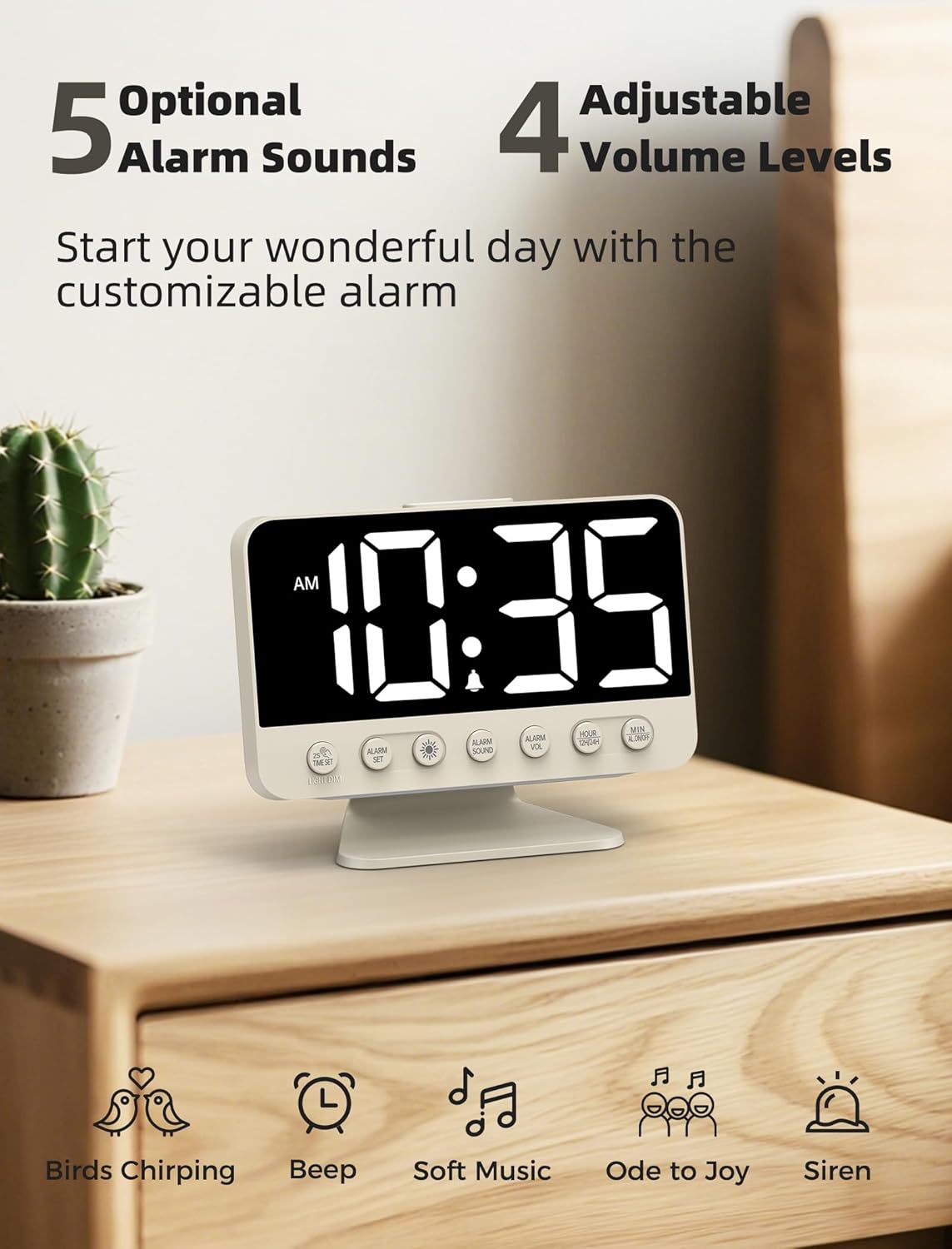Odokee Digital Alarm Clocks for Bedrooms: Large Bold Number 5 Brightness Dimmer - Easy to Read Across The Room - 5 Alarm Sound 8 Night Light - Silver