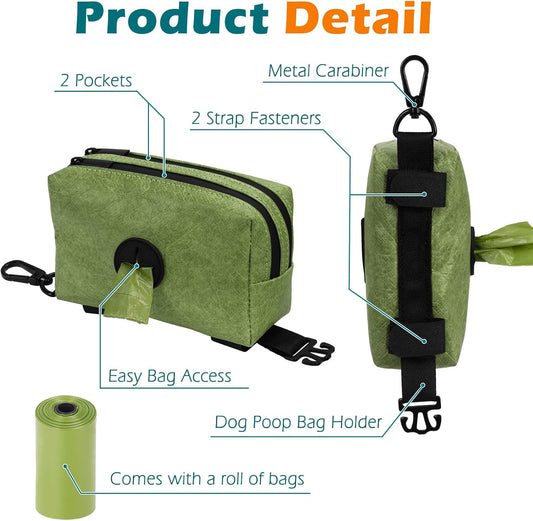 PetBonus Waterproof Dog Poop Bag Holder for leashes, Portable Pet Waste Bag Dispenser, 2 Pouches for Treat Holder and Walking Accessories, Fit All Leashes, Includes 1 Roll of Dog Poop Bags (Green) - PuriLite