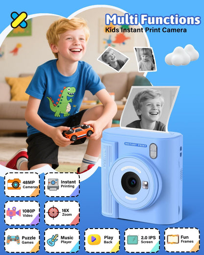 Mgaolo Kids Camera with Instant Print, Thermal Printing Digital Camera Gift for 3-12 Years Old Children, Safe Ink-Free Design, Toy for Creativity & Learning (Black)