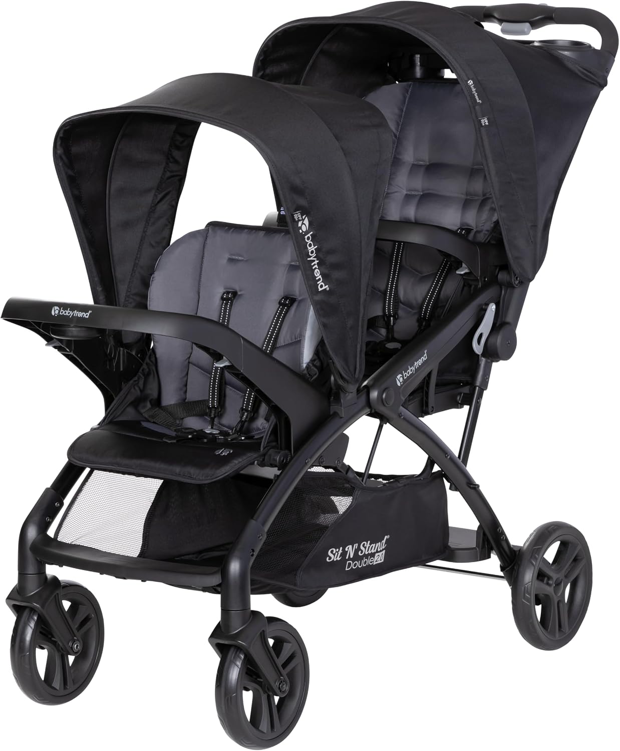 Baby Trend Sit n Stand Double 2.0 Stroller - Convertible Multi-Use Easy Fold Travel Toddler & Baby Tandem Double Stroller with Safety Harness and Storage Basket - Dash Black