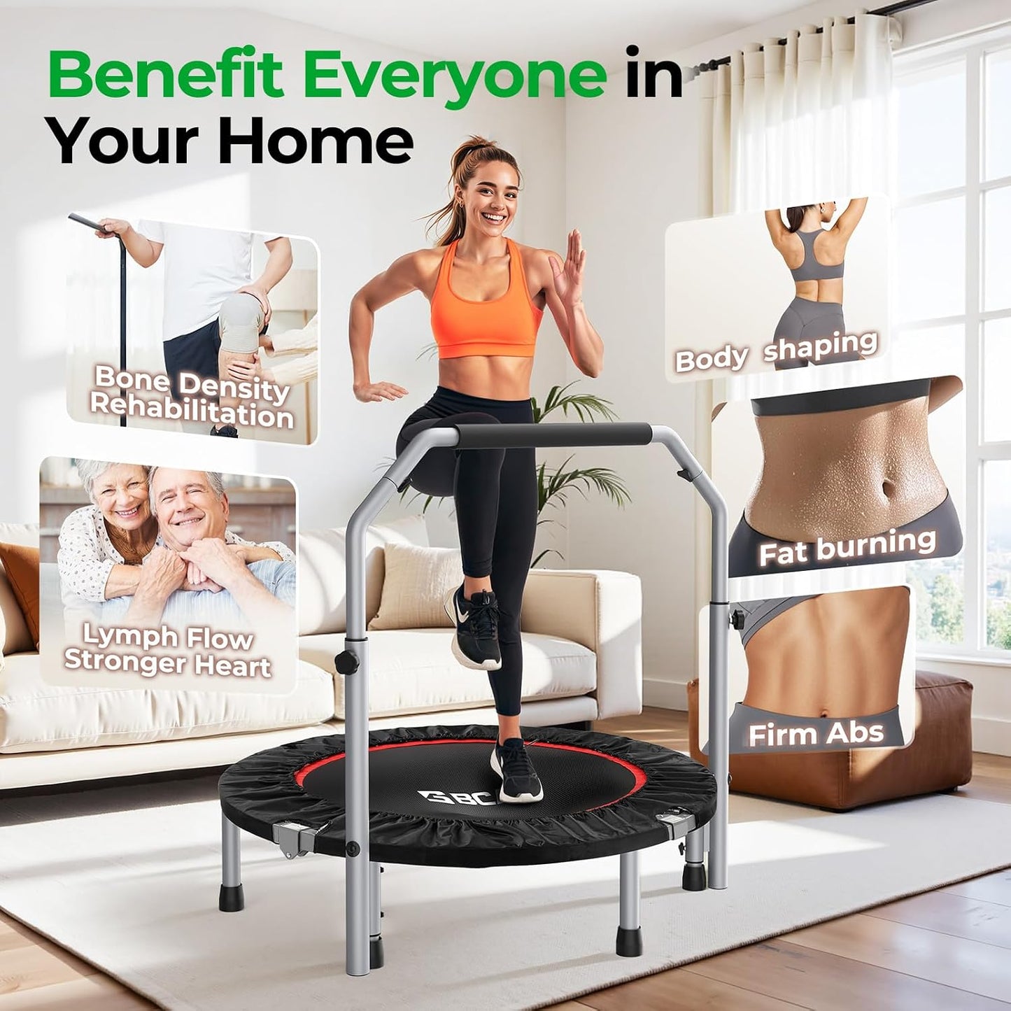 BCAN SP2 40"/48" Foldable Mini Trampoline Max Load 330lbs/440lbs, Fitness Rebounder with Springs, Adjustable Foam Handle, Exercise Trampoline for Adults Indoor/Garden Workout