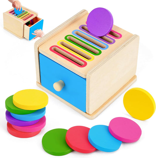 Wooden Montessori Coin Box Toy for Toddlers 1–3, Color Sorting and Stacking Sensory Learning Toy for Boys and Girls - PuriLite
