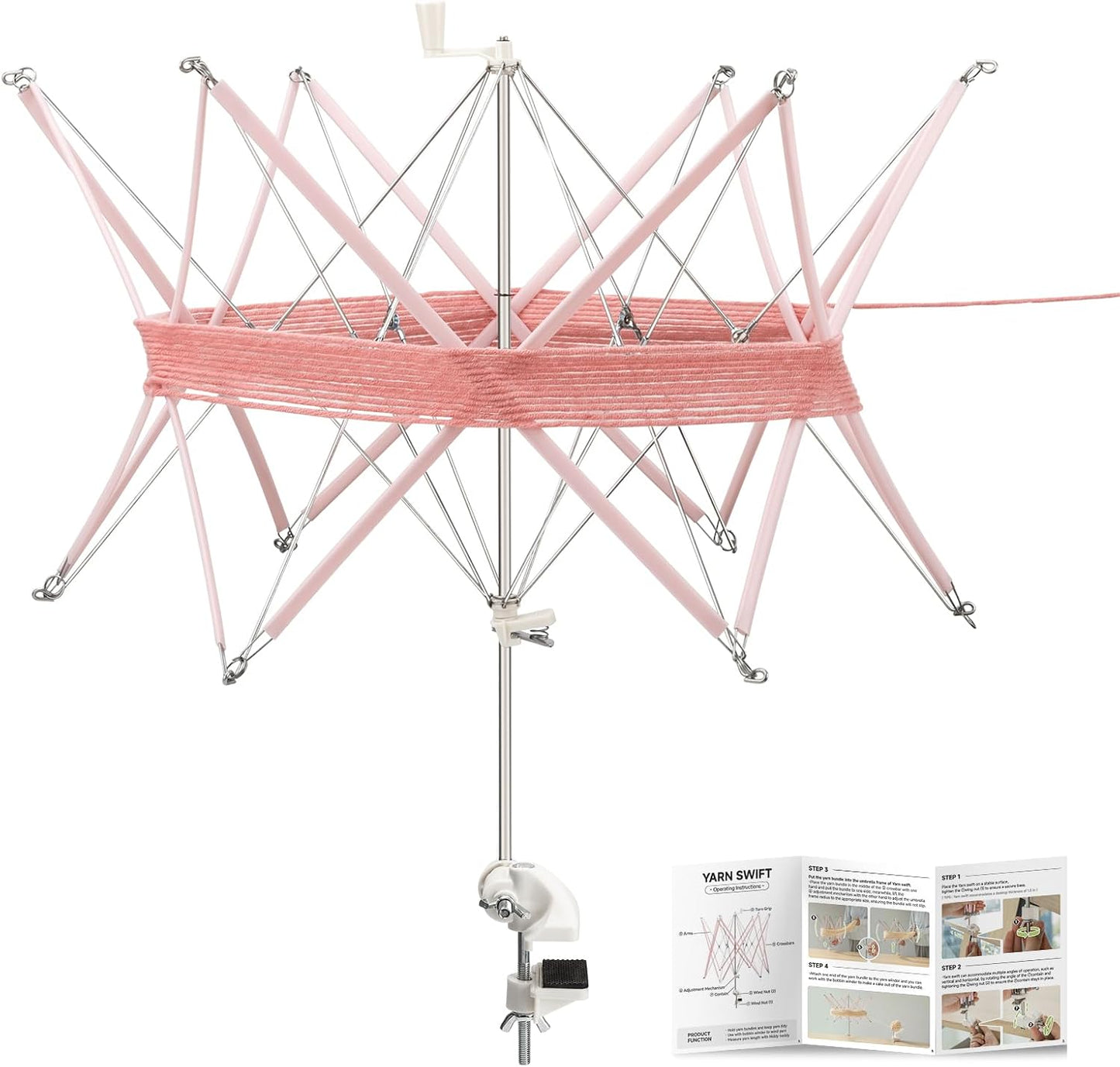 INMAKER Yarn Swift, Pink Yarn Umbrella Swift for Crocheting | Adjustable, Durable ABS Plastic, Stainless Steel, Easy to Use, Quick Install, Protable, Tabletops Up to 1.5"