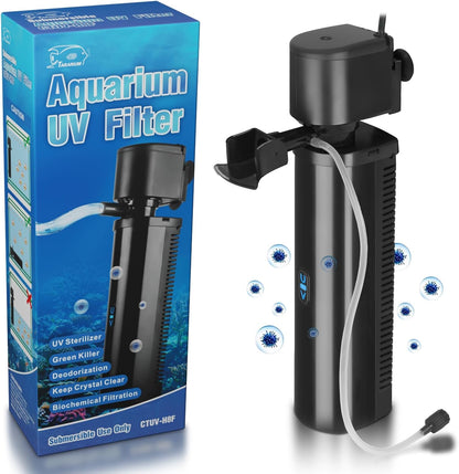 Aquarium Filter for 40-100 Gallon Tank, U-V Fish Tank Green Clean Machine Submersible Powerful Pump Canister Filter 400GPH for Pond Turtle Tank Saltwater Freshwater Crystal Clear Green Killing