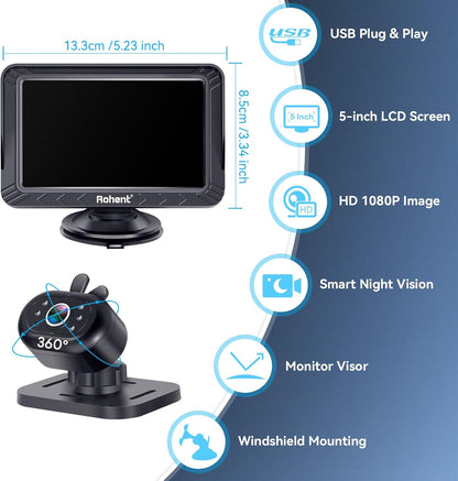 Rohent Baby Car Camera HD 1080P - Rear-Facing Infant Monitor with Night Vision Car Camera for Baby 150° Wide-Angle Lens Anti-Glare Screen Easy Install 360° Adjustable Display