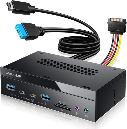 GRAUGEAR 5.25 Inch 10Gbps USB 3.2 PC Front Panel Card Reader with Audio Ports, SD/microSD Internal Card Reader, USB3.2 Type-E Key-A 20-Pin Header & USB3.0 Header & 15-Pin SATA Power Connector Required