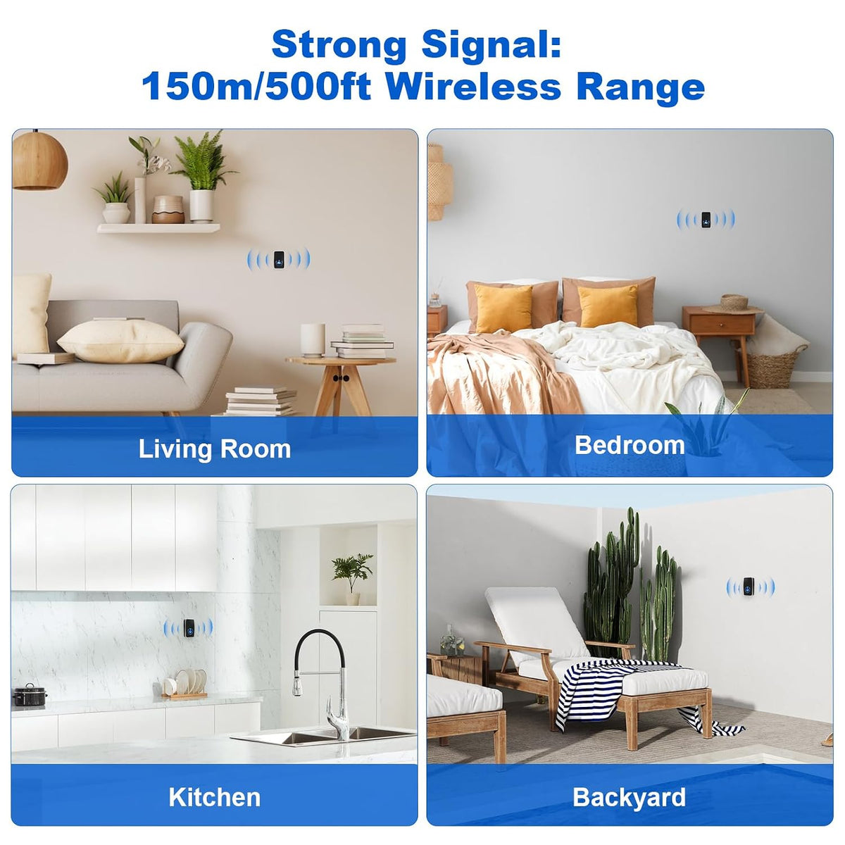 AURTEC No Battery Required Wireless Doorbell Waterproof, Door Chime Kit with 2 Plug-in LED Flash Receivers & 1 Press Self-Powered Transmitter, 51 Chimes and 4 Volume Levels, Black