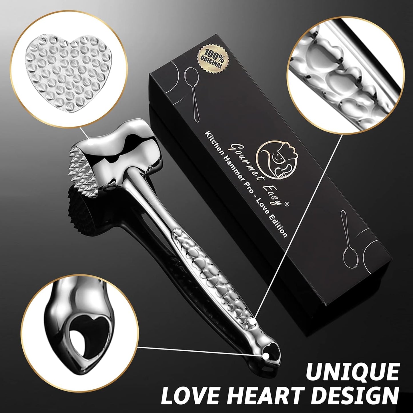 Stainless Steel Meat Tenderizer Tool, Premium Meat Mallet with Non-Slip Grip, Dual-Sided with Heart Shape Design for Tenderizing Steak, Poultry & Chicken Cutlet, Dishwasher Safe, Lifetime Replacement