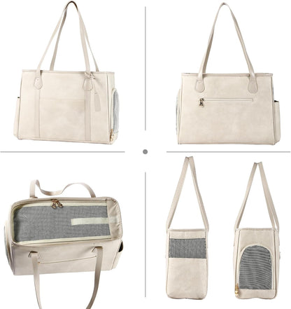 Monanller Stylish Dog Purse Carrier, Leather Pet Carrier Bag for Small Dogs Cats Puppy, Airline Approved Soft-Sided Carrier Beige