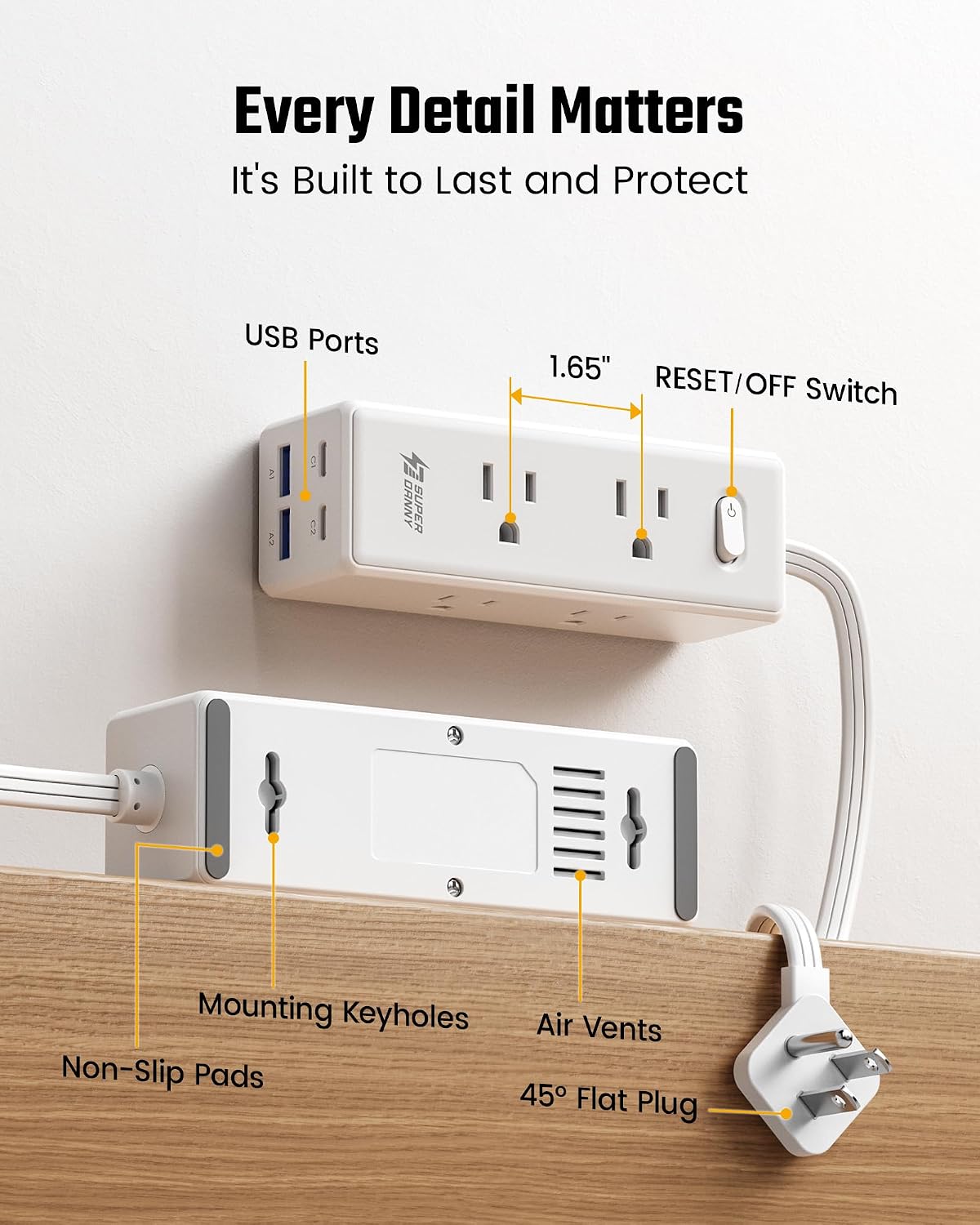 10 Ft Extension Cord, Surge Protector Power Bar with 6 Outlets & 4USB Ports (2 USB 2 C), Mountable Flat Plug Power Strip, Surge Protection for Home, Office, Dorm