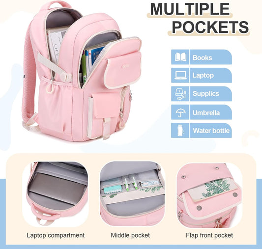 3PCS School Backpack for Girls with Lunch Box Pencil Pouch for Teen Girls Children Elementary Primary Middle High College Daypack School bag Bookbag Set Pink - PuriLite