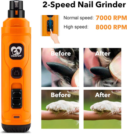 Casfuy Dog Nail Grinder with 2 LED Light - New Version 2-Speed Powerful Electric Pet Nail Trimmer Professional Quiet Painless Paws Grooming & Smoothing for Small Medium Large Dogs and Cats (Blue)