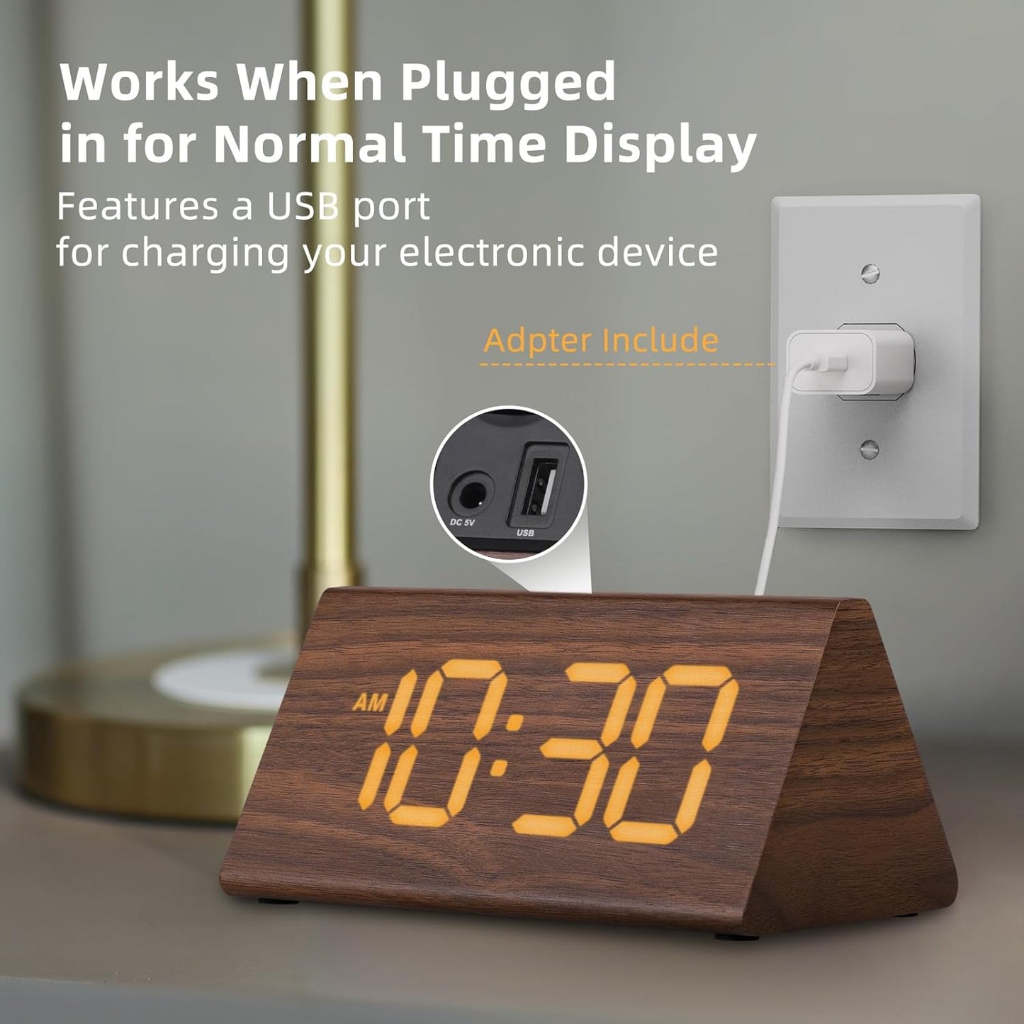 Odokee Wooden Digital Alarm Clock for Bedroom: Electric Desk Clock with Large LED Display - Brown