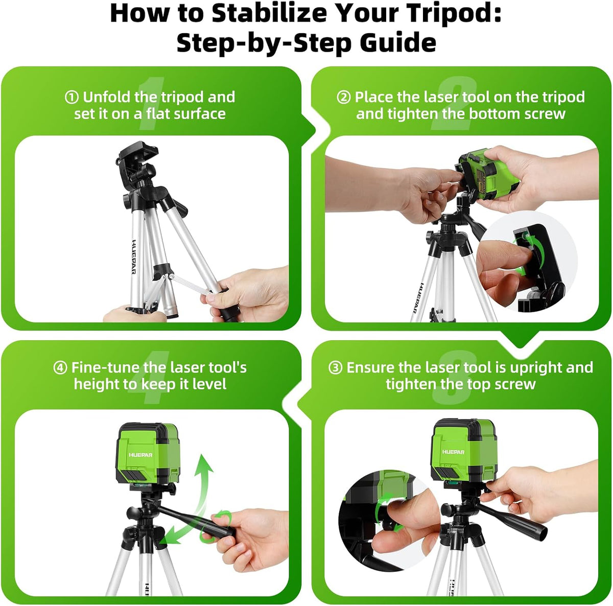 Huepar Green Cross Line Laser Level with 40in Tripod, Self-Leveling Within 4 Indoor Laser Leveler Tool, 100Ft Max Working Range in Low Light, for Picture Hanging, Tile Installation, Home Renovation