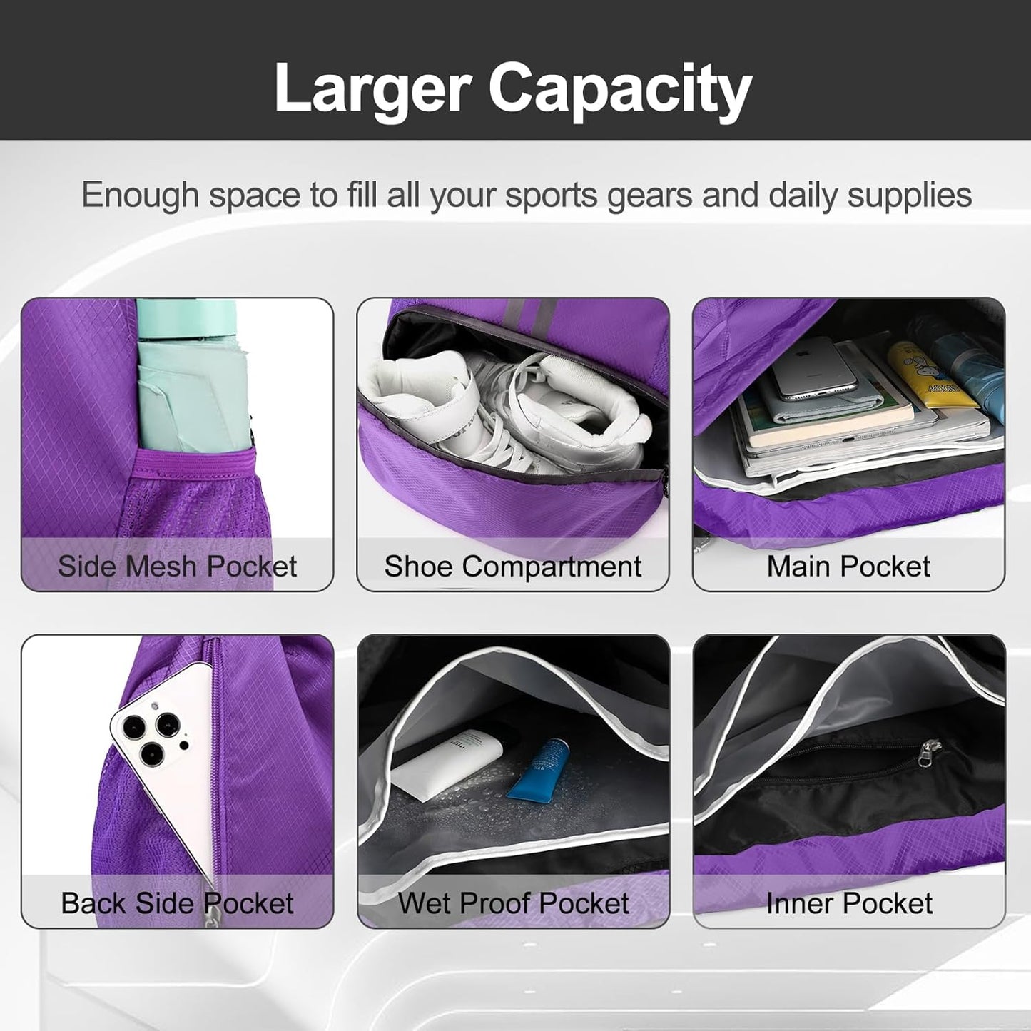 Hoedia Sports Drawstring Backpack - String Swim Gym Bag with Shoes Compartment and Wet Proof Pocket for Women/Men
