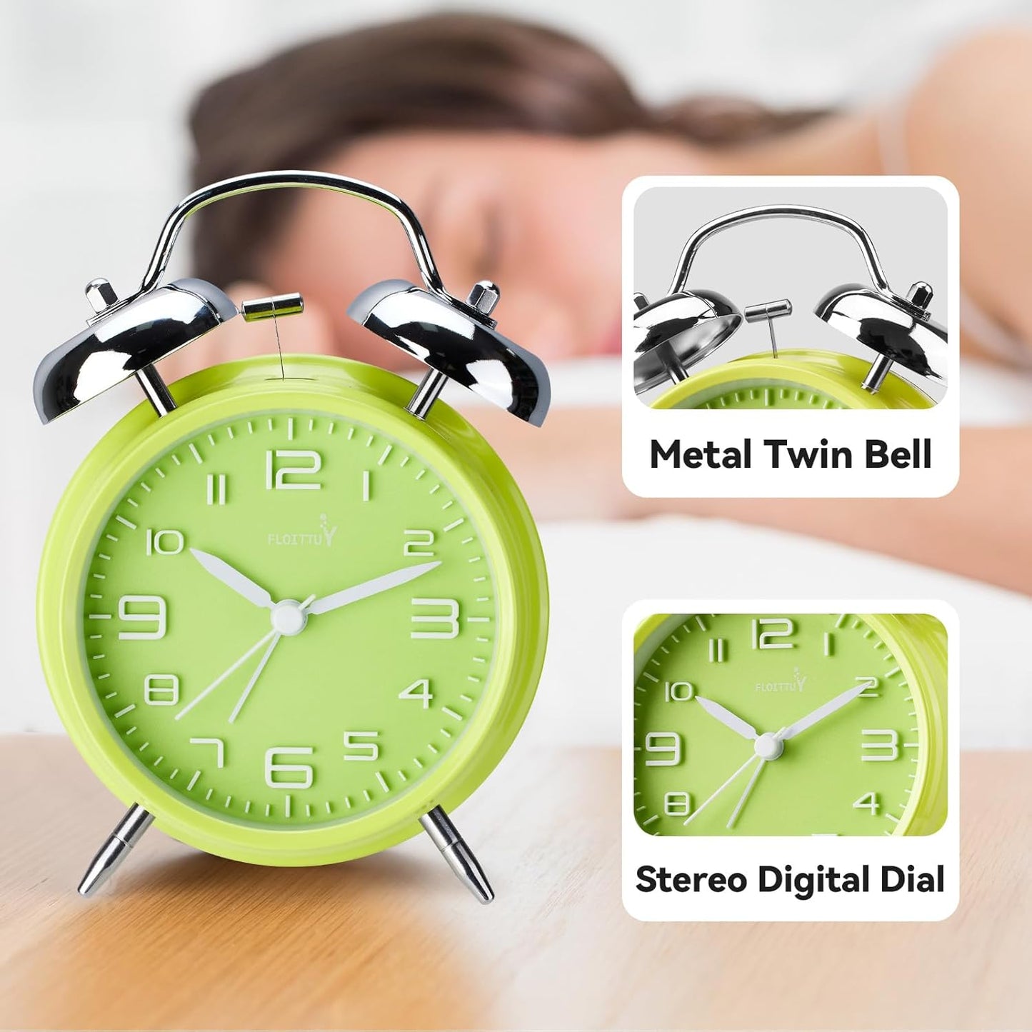 FLOITTUY (Loud Alarm for Deep Sleepers) 4'' Twin Bell Alarm Clock with Backlight for Bedroom and Home Decoration(Black)