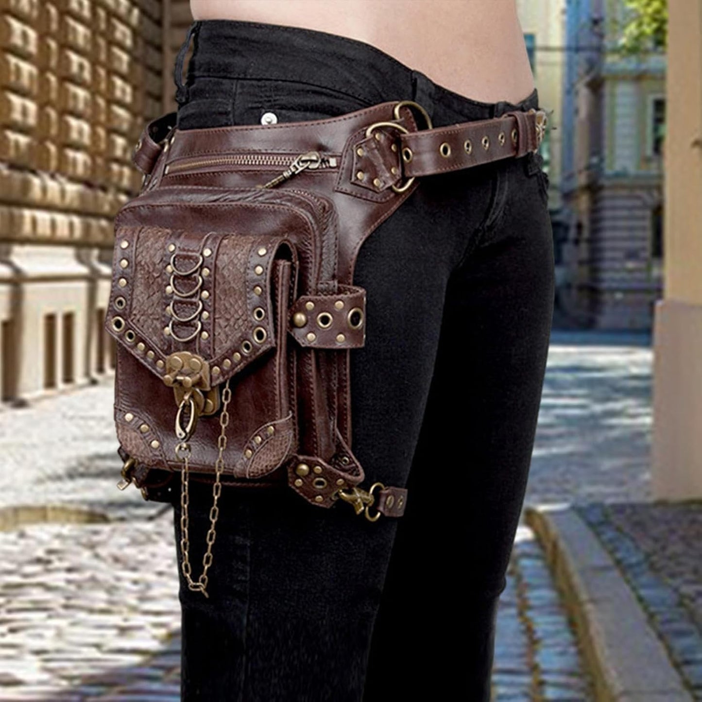 JMEDIC Medieval Belt Bag - Waist Leg Bag Fanny Pack PU Leather | Waterproof Steampunk Pouch, Fashion Gothic Fanny Pack for Travel, Hiking, Girls, Women, Men