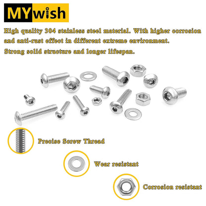 Mywish 900Pcs Metric Screw Assortment, M3 M4 M5 M6 Screw Assortment Kit 304 Stainless Steel Hex Socket Button Head Socket Cap Metric Screws Bolts & Flat Washers/Nuts/Hex Wrenches 16 Sizes 8MM to 20MM