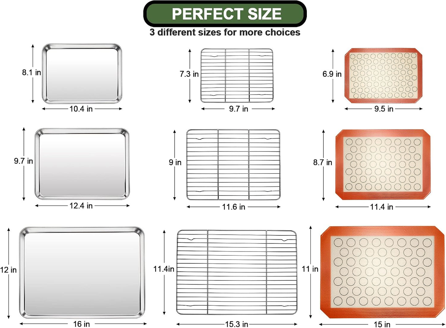 EWFEN Baking Set: Stainless Steel & Silicone Mat Set, 3 Sizes (13x18, 12x17, 9x13 inches), Multi-size Set with Versatile Use