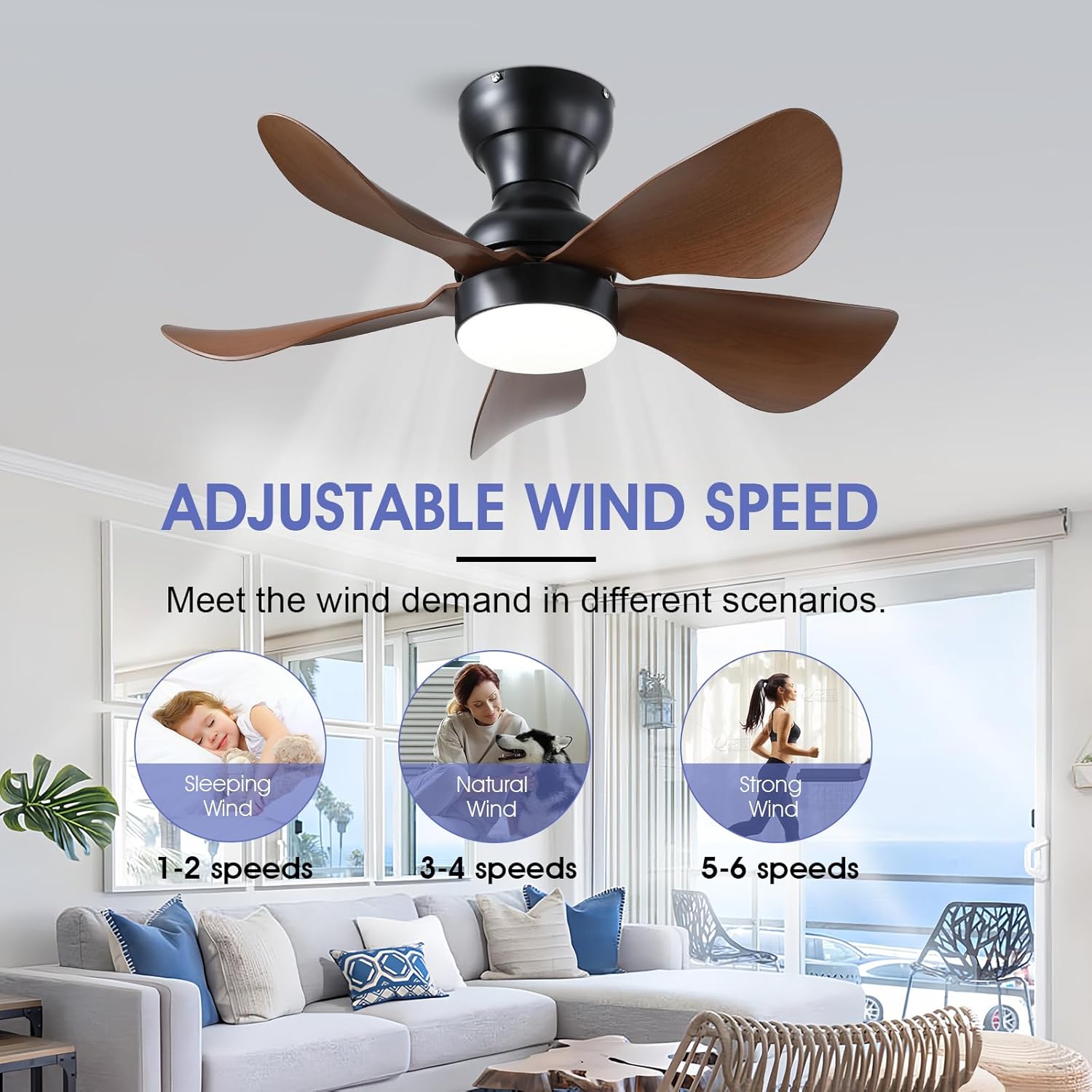 Modern Ceiling Fans with Lights Remote/APP Control, 29" Flush Mount Ceiling Fans with 3 CCT Dimmable Lights, Low Profile Ceiling Fans with 5 Propeller Blades LED Lights for Kids Room Bedroom, Brown - PuriLite