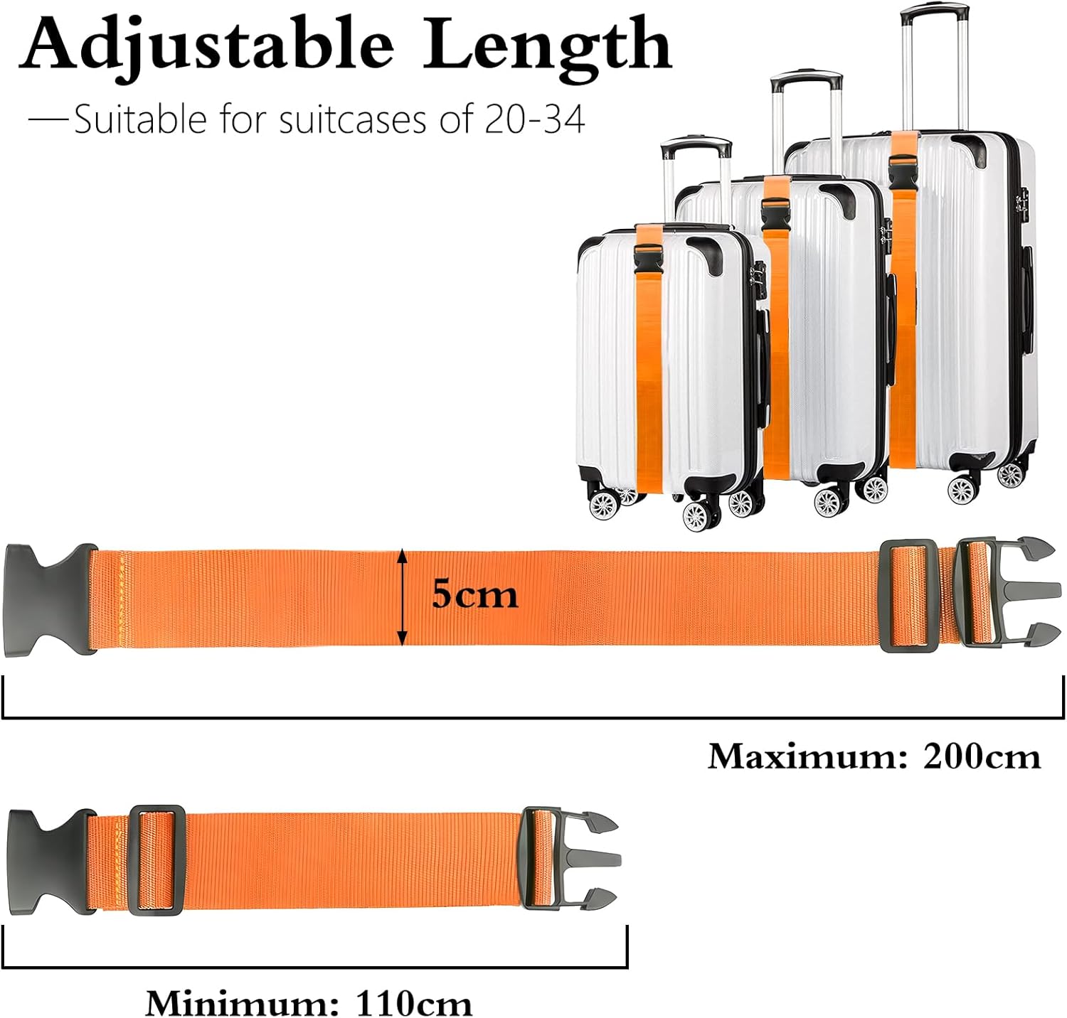 6-Pack Heavy-Duty Adjustable Luggage Straps for Suitcases – Bright Orange Suitcase Belts with Quick-Release Buckle, 200cm x 5cm Travel Wrap Straps for Secure Packing - PuriLite