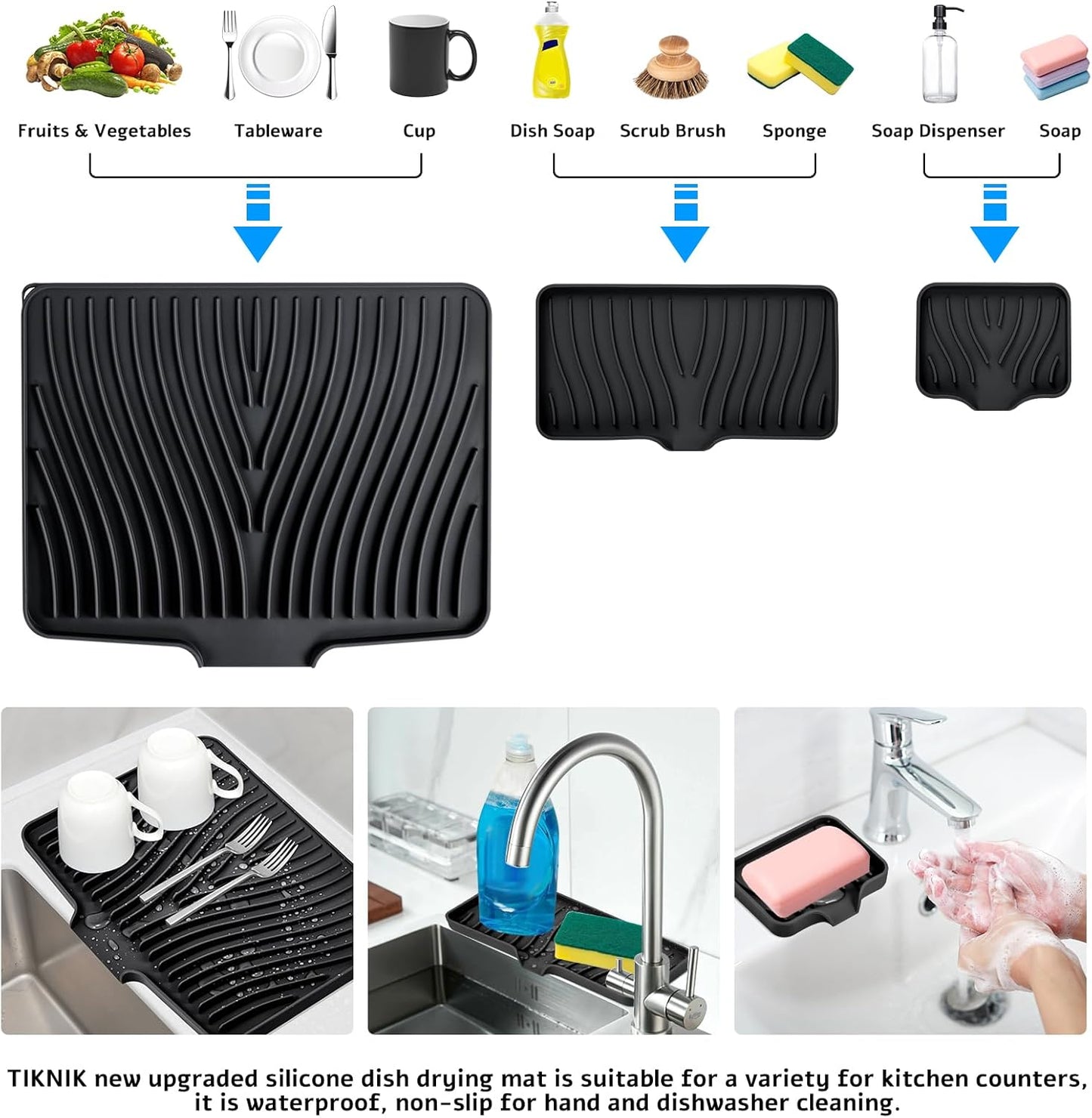 TIKNIK Silicone Dish Drying Mat for Kitchen Counter, Dish Drying Pad, Non-Slip Drain Pad with Built-in Drain, Heat Resistant Stone Drying Mat(40 L x 33 W cm, Grey)