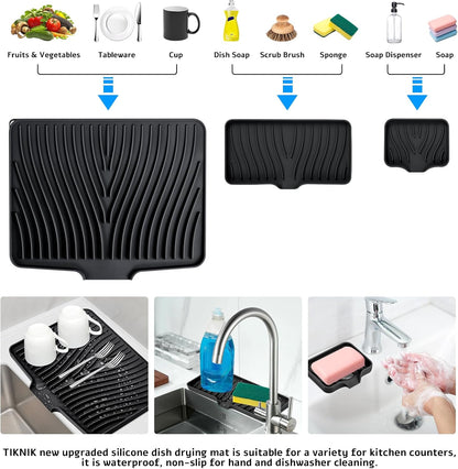 TIKNIK Silicone Dish Drying Mat for Kitchen Counter, Dish Drying Pad, Non-Slip Drain Pad with Built-in Drain, Heat Resistant Stone Drying Mat(40 L x 33 W cm, Grey)