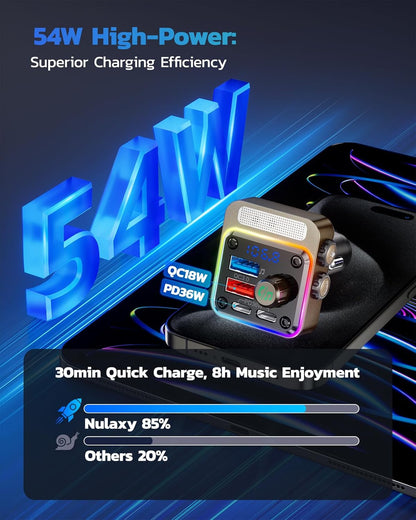 Nulaxy 54W [PD 36W & QC3.0 18W] Bluetooth 5.3 Car Adapter with 4 Charging Ports, Wireless Radio FM Transmitter Audio Receiver with Deep Bass MP3 Music Player, 5 Colors LED Backlit, Hands-Free Calling
