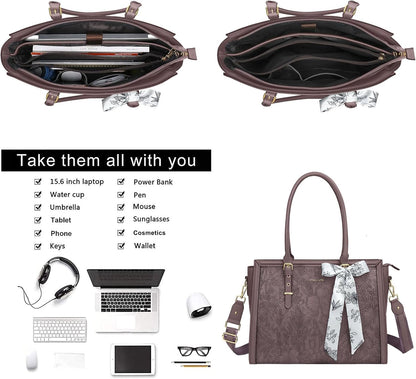 MOSISO Laptop Bag for Women, 17-17.3 inch PU Leathe Tote Bag Compatible with MacBook, HP, Dell, Asus Notebook, Front Embossed Retro Hibiscus Computer Bag with Silk Scarf&Clutch Purse, Gray - PuriLite
