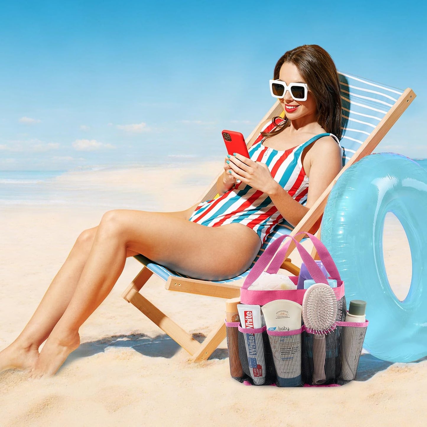 Lifewit Mesh Shower Caddy Freestanding Portable Shower Tote Bag for College Dorm, Bathroom, Gym, Travel, Quick Dry Hanging Shower Organizer with 7 Storage Pockets for Toiletry Essentials, Medium,Black