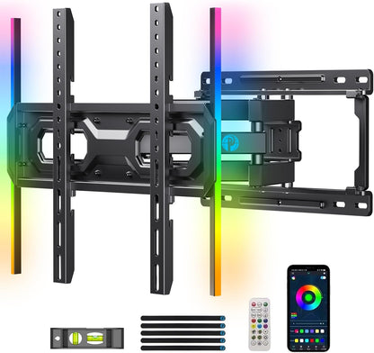 Pipishell Pre-Assembled TV Wall Mount with LED Lights for 26-65 inch TVs up to 99 lbs, Max VESA 400x400mm, Swivel, Extension, Tilt, TV Backlights with Music Sync, Fits 16”/12” Wood Studs, PIMF20