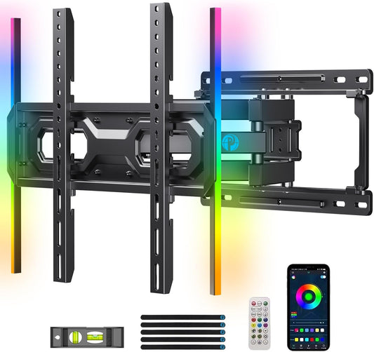 Pipishell Pre-Assembled TV Wall Mount with LED Lights for 26-65 inch TVs up to 99 lbs, Max VESA 400x400mm, Swivel, Extension, Tilt, TV Backlights with Music Sync, Fits 16”/12” Wood Studs, PIMF20