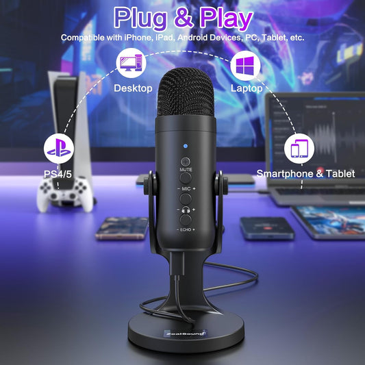 ZealSound USB Microphone,Condenser Phone Computer PC Mic kit,Plug&Play Gaming Microphones for PS 4&5.Mic Gain&Volume Control,Echo &Mute Button for Vocal,Record,Streaming,Discord YouTube Podcast on Mac - PuriLite