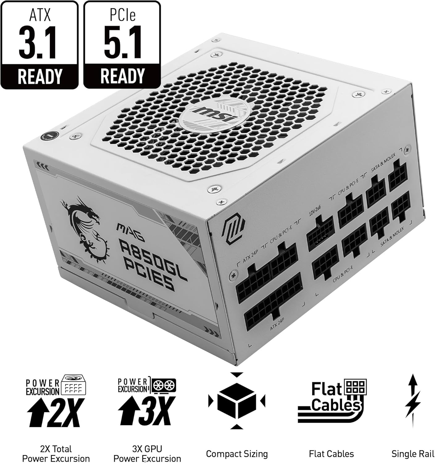 MSI MAG A750GL PCIE 5 Gaming Power Supply - Full Modular - 80 Plus Gold Certified 750W - Compact Size - ATX PSU - PuriLite