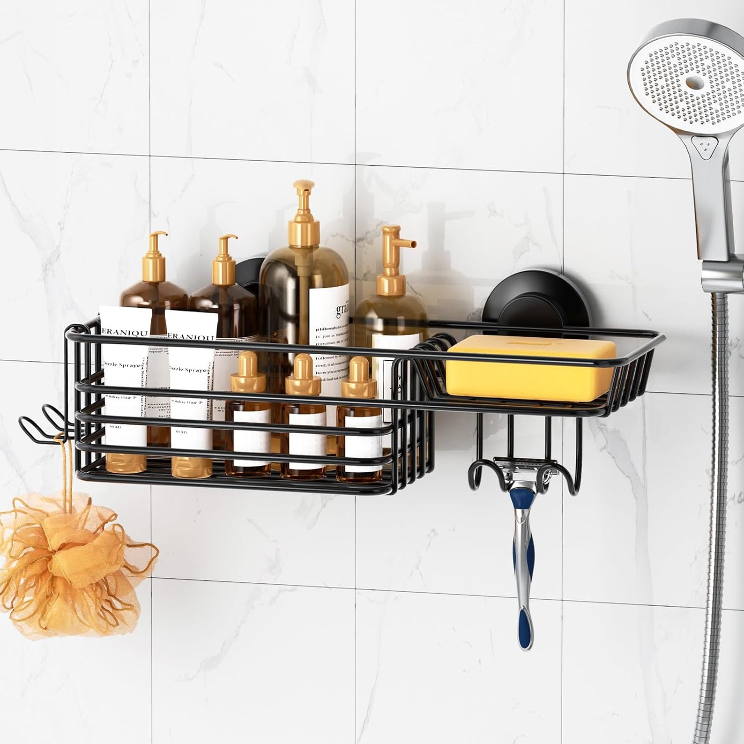 LEVERLOC Shower Caddy Suction Cup, 2 Pack Black Shower Shelf with Hooks and Soap Holder, NO-Drilling Bathroom Organizer, Rustproof Metal Bathroom Storage and Organization