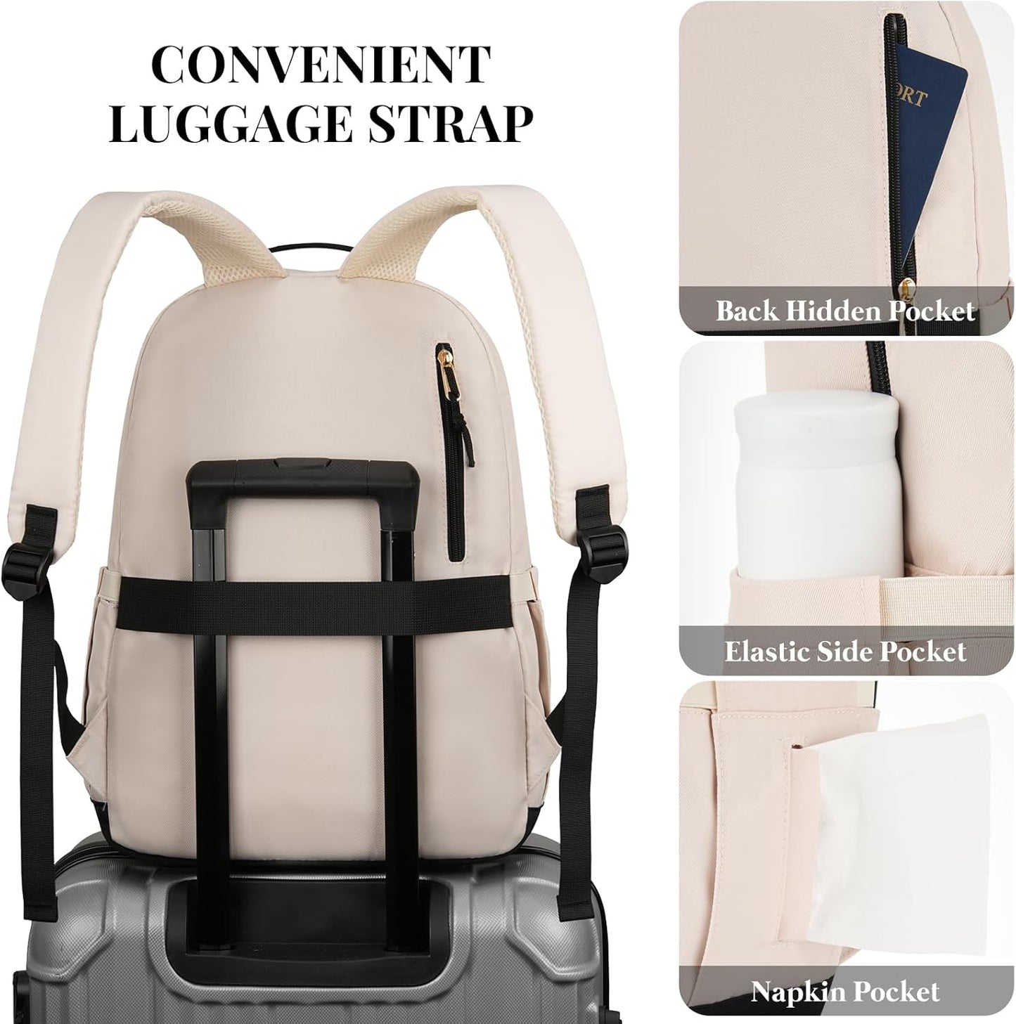 WINDARS School Backpack for Teens Girls, Aesthetic College Backpack Large Bookbag for Women Students Fashion 15.6 Inch Laptop Bag for Work Travel (Khaki Beige)