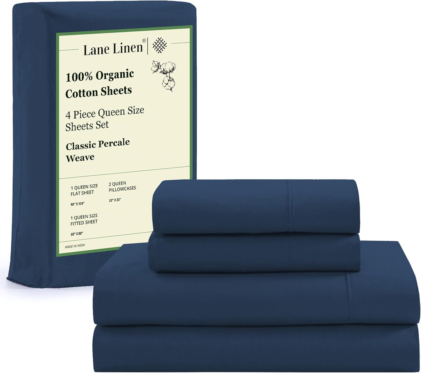 Lane Linen 100% Organic Cotton Queen Sheet Set, 4-Piece Percale Bed Sheets for Queen Bed - Soft, Breathable, Hypoallergenic, Deep Pocket Fits Mattress Up to 15" Deep, Hotel Quality Sheets - White