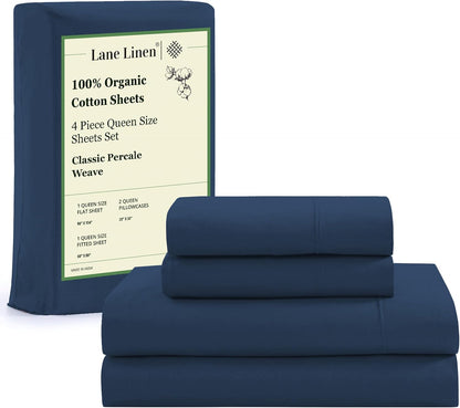 Lane Linen 100% Organic Cotton Queen Sheet Set, 4-Piece Percale Bed Sheets for Queen Bed - Soft, Breathable, Hypoallergenic, Deep Pocket Fits Mattress Up to 15" Deep, Hotel Quality Sheets - White