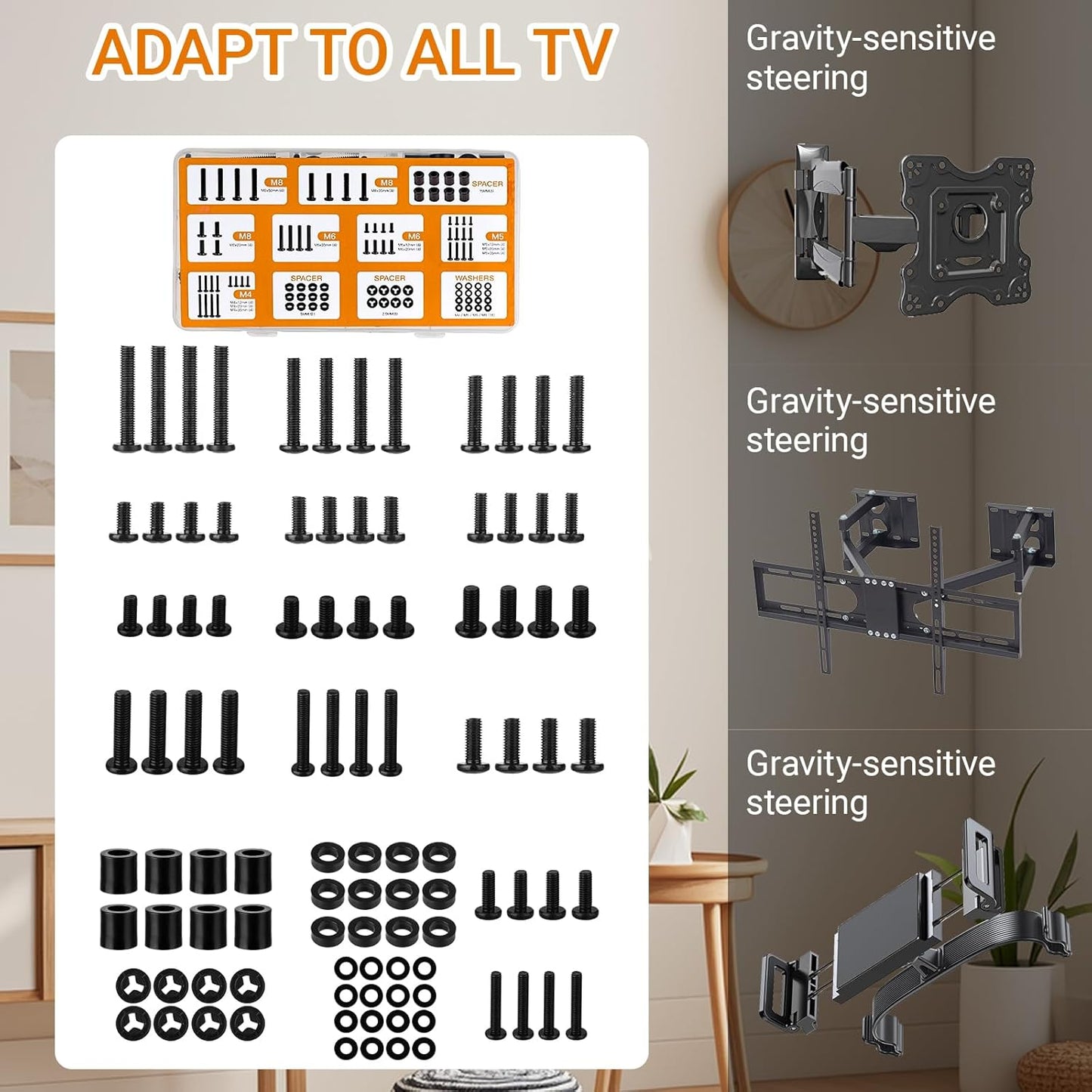 Universal TV Mounting Hardware Screw Kit Set - M4 M5 M6 M8 Screws,Spacers and Washers for Most TV/Monitor VESA Mount, TV Mount Replacement Screws with Box up to 80 inch(Black)