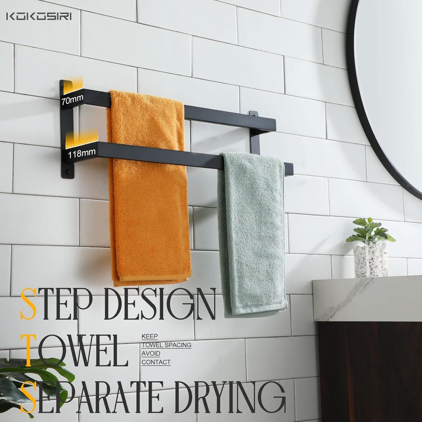 KOKOSIRI Towel Bars Black Bath Towel Holders 20 Inches Bathroom 2-Tiers Ladder Towel Rails Wall Mounted Towels Shelves Rack Stainless Steel, B5008BK-L20