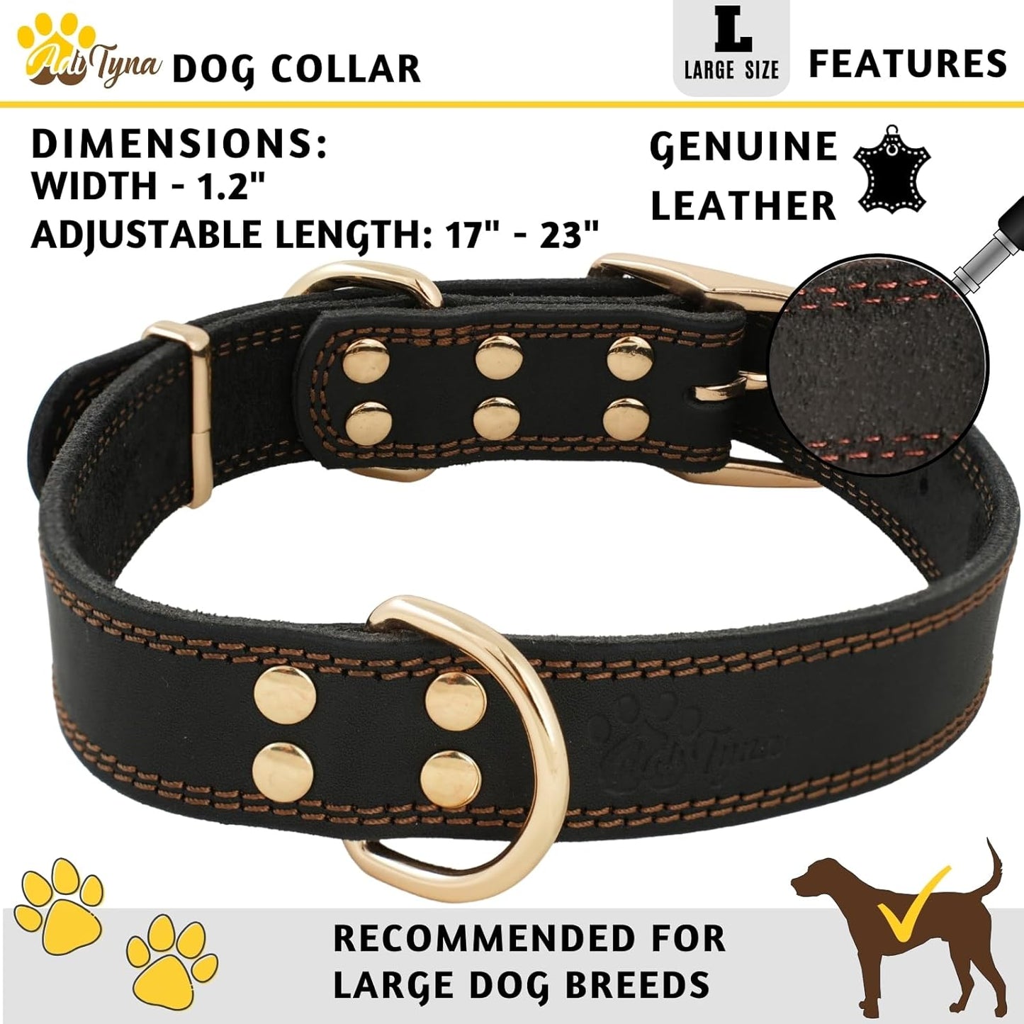 ADITYNA Heavy-Duty Leather Dog Collar for Medium Dogs - Soft and Strong, 100% Genuine Leather - Collier Pour Chien (Medium: Fit 13" - 20" Neck, Brown)