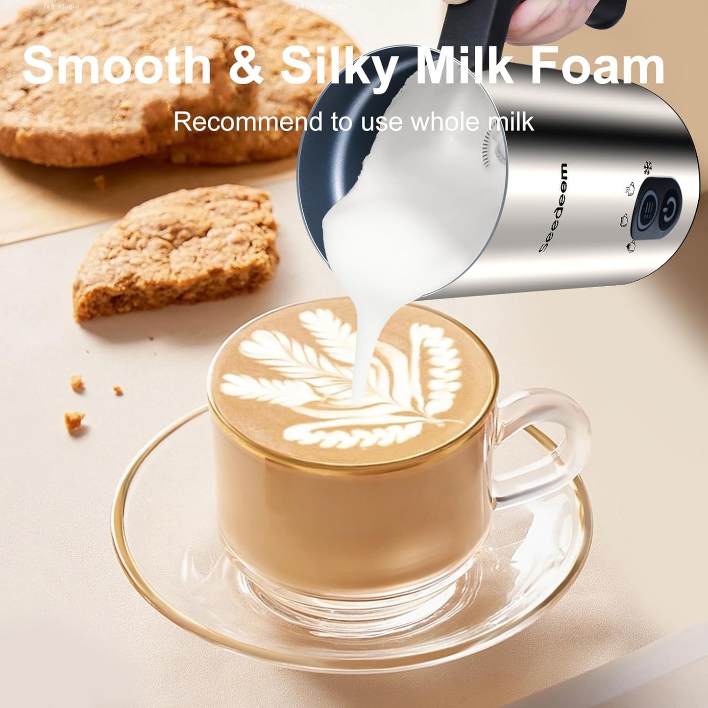 Milk Frother, Seedeem 4-in-1 Electric Milk Steamer, 10.2oz/300ml Automatic Warm and Cold Milk Foamer, Stainless Steel Milk Steamer for Latte, Cappuccinos, Hot Chocolate Milk ……