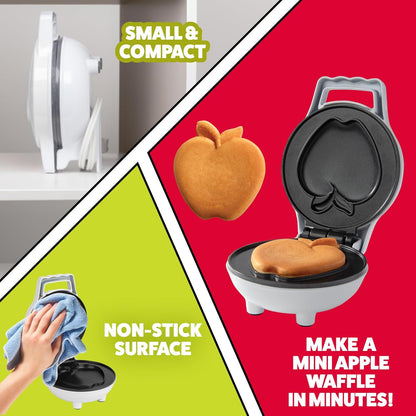 Mini Apple Waffle Maker - Make Breakfast Special for Kids or Adults w Individual 4 Inch Waffler Iron, Electric Non Stick Breakfast Kitchen Appliance, Great for College Dorms