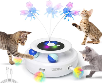 ORSDA Cat Toys Rechargeable, 3 in 1 Automatic Cat Toy, Moving Ambush Feather, Fluttering Butterfly, Track Balls, Whack a mole, with 4 Attachments