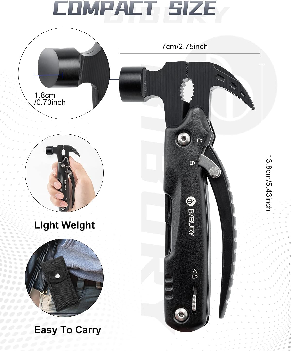 BIBURY 12-in-1 Hammer Multitool Survival Gear – Stainless Steel Camping & Outdoor Multi Tool with Safety Lock and Nylon Pouch - PuriLite
